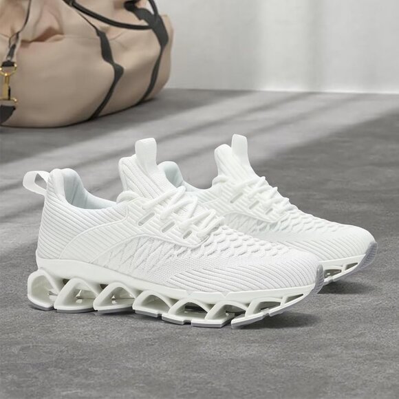 Women's All White Fashion Blade Tennis Running Walking Lace Up Athletic Shoes - Picture 3 of 7